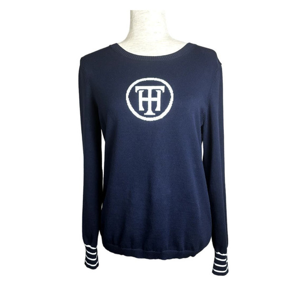Tommy Hilfiger Nautical Preppy Navy Blue Logo Striped Pullover Sweater Sz Large - Picture 1 of 10
